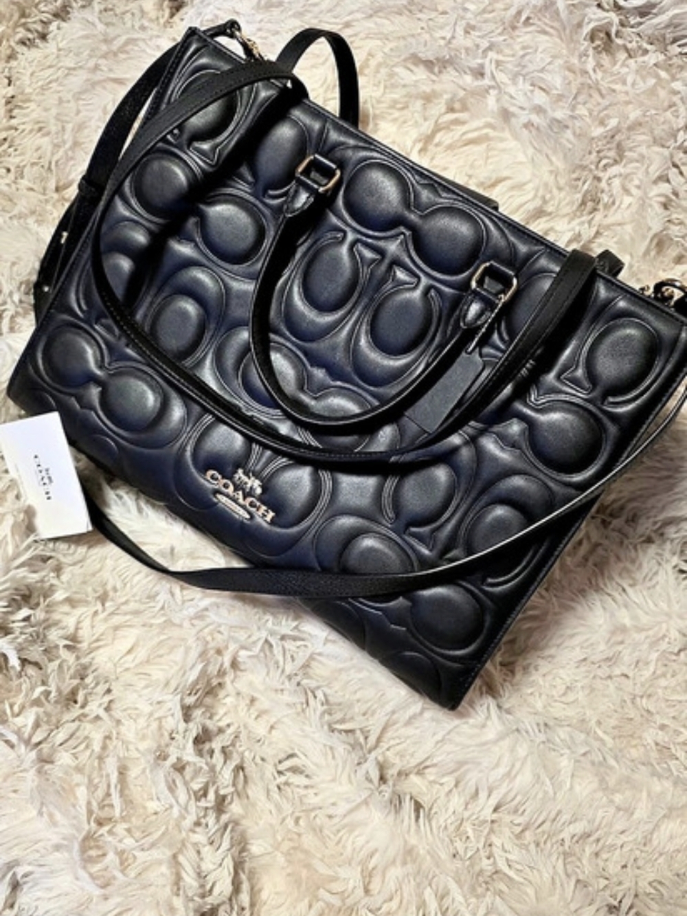 Coach Maggie Large Tote Bag In Signature Leather Embossed Leather Tote in Black